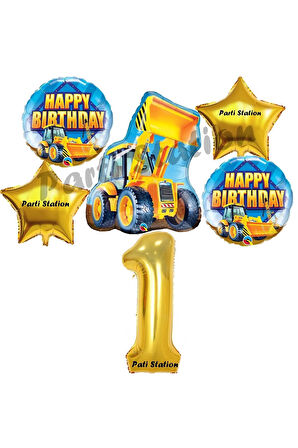 İnşaat Konsept 5 Yaş Doğum Günü Balon Set Kamyon Kepçe Balon ve Gold Rakam Balon Parti Set