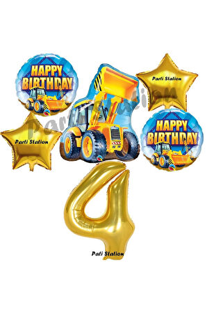 İnşaat Konsept 5 Yaş Doğum Günü Balon Set Kamyon Kepçe Balon ve Gold Rakam Balon Parti Set