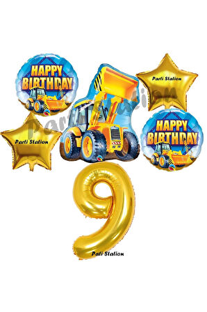 İnşaat Konsept 5 Yaş Doğum Günü Balon Set Kamyon Kepçe Balon ve Gold Rakam Balon Parti Set