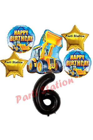 İnşaat Konsept 9 Yaş Doğum Günü Balon Set Kamyon Kepçe Balon ve Siyah Rakam Balon Parti Set