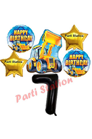 İnşaat Konsept 9 Yaş Doğum Günü Balon Set Kamyon Kepçe Balon ve Siyah Rakam Balon Parti Set