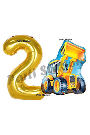 İnşaat Konsept 2 Yaş Doğum Günü Balon Set Kepçe Balon ve Gold Rakam Balon Parti Set