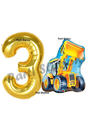 İnşaat Konsept 2 Yaş Doğum Günü Balon Set Kepçe Balon ve Gold Rakam Balon Parti Set