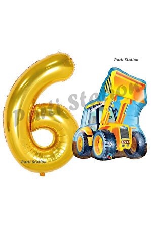 İnşaat Konsept 2 Yaş Doğum Günü Balon Set Kepçe Balon ve Gold Rakam Balon Parti Set