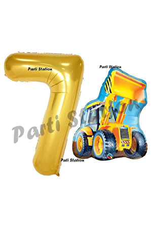 İnşaat Konsept 2 Yaş Doğum Günü Balon Set Kepçe Balon ve Gold Rakam Balon Parti Set