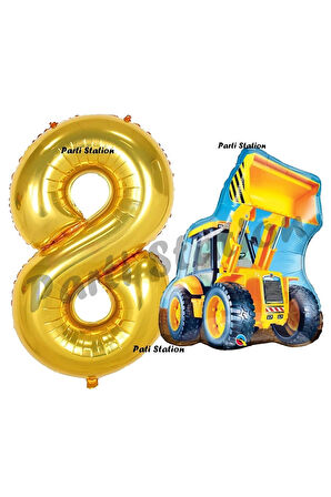 İnşaat Konsept 2 Yaş Doğum Günü Balon Set Kepçe Balon ve Gold Rakam Balon Parti Set