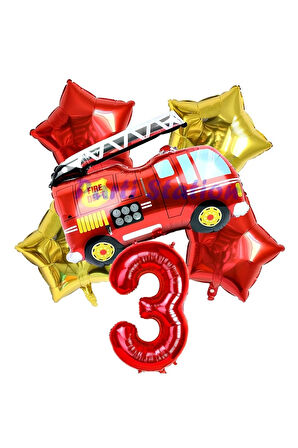 İtfaiye Fireman Balon 4 Yaş Doğum Günü Balon Set Araçlar Konsept İtfaiye Balon ve Rakam Balon