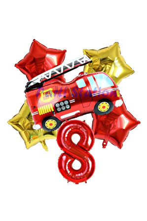 İtfaiye Fireman Balon 4 Yaş Doğum Günü Balon Set Araçlar Konsept İtfaiye Balon ve Rakam Balon