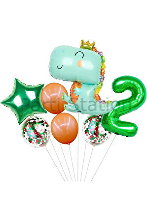 Sevimli Dinozor Konsept Yeşil  5 Yaş Balon Set Jurassic Dinozor Tema Doğum Günü Folyo Balon Set