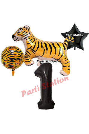 Safari Kaplan Balon 4 Yaş Balon Set Kaplan Balon ve Siyah Rakam Balon Demeti Doğum Günü Seti