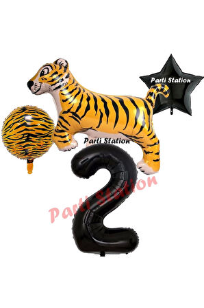 Safari Kaplan Balon 4 Yaş Balon Set Kaplan Balon ve Siyah Rakam Balon Demeti Doğum Günü Seti
