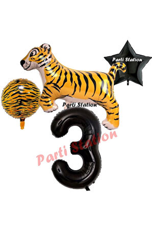 Safari Kaplan Balon 4 Yaş Balon Set Kaplan Balon ve Siyah Rakam Balon Demeti Doğum Günü Seti