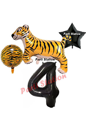 Safari Kaplan Balon 4 Yaş Balon Set Kaplan Balon ve Siyah Rakam Balon Demeti Doğum Günü Seti