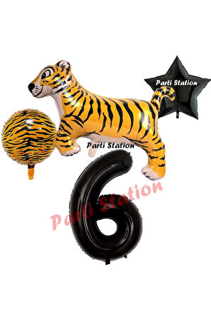 Safari Kaplan Balon 4 Yaş Balon Set Kaplan Balon ve Siyah Rakam Balon Demeti Doğum Günü Seti
