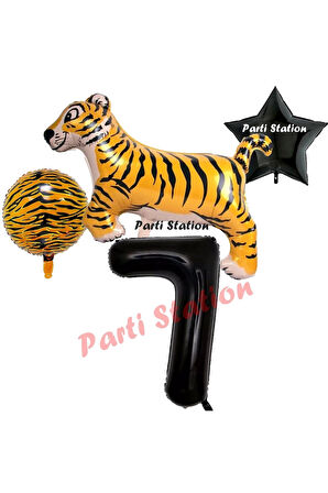 Safari Kaplan Balon 4 Yaş Balon Set Kaplan Balon ve Siyah Rakam Balon Demeti Doğum Günü Seti
