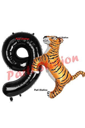 Safari Kaplan Balon 8 Yaş Balon Set Kaplan Balon ve Siyah Rakam Balon Doğum Günü Seti