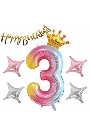 Happy Birthday Rengarenk 3 Yaş Balon Set Yıldız Balon Folyo Set Konsept Doğum Günü Set Yaş Balon Set