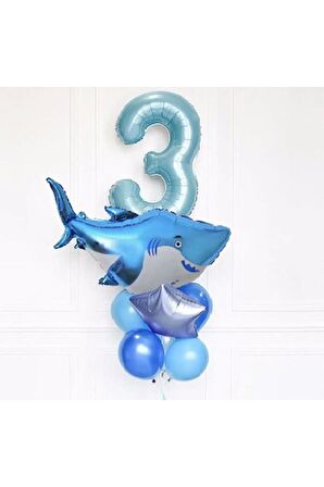 Köpekbalığı 3 Yaş Balon Set Yıldız Balon Folyo Set Köpekbalığı Konsept Doğum Günü Set Yaş Balon Set