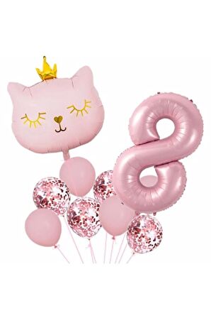 Pembe Kedi 8 Yaş Balon Set Balon Folyo Set Pembe Kedi Konsept Doğum Günü Set Yaş Balon Set