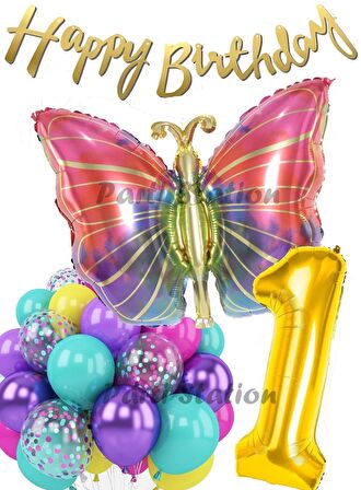 Rengarenk Kelebek 1 Yaş Balon Set Colorfull Butterfly Gökkuşağı Konsept Parti Doğum Günü Balon Seti