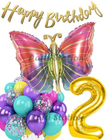 Rengarenk Kelebek 2 Yaş Balon Set Colorfull Butterfly Gökkuşağı Konsept Parti Doğum Günü Balon Seti