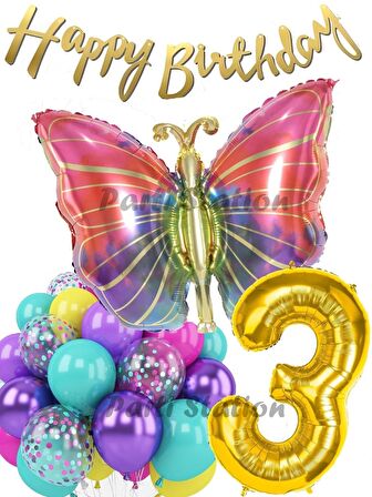 Rengarenk Kelebek 3 Yaş Balon Set Colorfull Butterfly Gökkuşağı Konsept Parti Doğum Günü Balon Seti