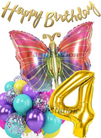 Rengarenk Kelebek 4 Yaş Balon Set Colorfull Butterfly Gökkuşağı Konsept Parti Doğum Günü Balon Seti