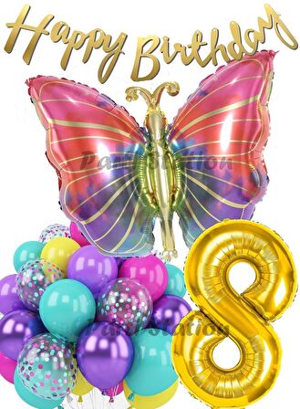 Rengarenk Kelebek 8 Yaş Balon Set Colorfull Butterfly Gökkuşağı Konsept Parti Doğum Günü Balon Seti