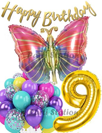 Rengarenk Kelebek 9 Yaş Balon Set Colorfull Butterfly Gökkuşağı Konsept Parti Doğum Günü Balon Seti