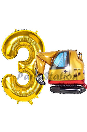 İnşaat Kepçe Kamyon Balon 1 Yaş Doğum Günü Balon Set İş Makineleri Konsept Ve Gold Rakam Balon