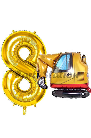 İnşaat Kepçe Kamyon Balon 1 Yaş Doğum Günü Balon Set İş Makineleri Konsept Ve Gold Rakam Balon