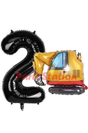İnşaat Kepçe Kamyon Balon 2 Yaş Doğum Günü Balon Set İş Makineleri Konsept Ve Siyah Rakam Balon