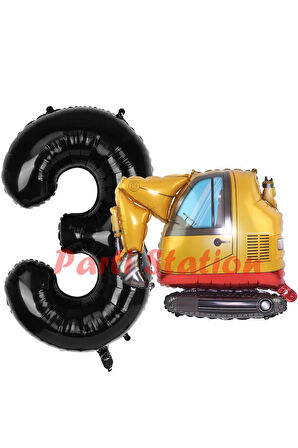 İnşaat Kepçe Kamyon Balon 2 Yaş Doğum Günü Balon Set İş Makineleri Konsept Ve Siyah Rakam Balon