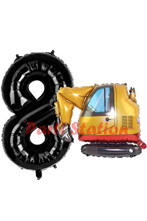 İnşaat Kepçe Kamyon Balon 2 Yaş Doğum Günü Balon Set İş Makineleri Konsept Ve Siyah Rakam Balon