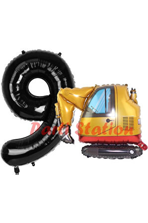 İnşaat Kepçe Kamyon Balon 2 Yaş Doğum Günü Balon Set İş Makineleri Konsept Ve Siyah Rakam Balon