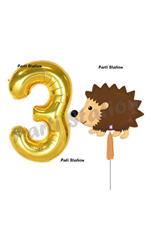 Woodland Kirpi Balon 1 Yaş Balon Set Kirpi Balon ve Gold Rakam Balon Doğum Günü Seti