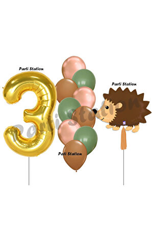 Woodland Kirpi Balon 1 Yaş Balon Set Kirpi Balon ve Gold Rakam Balon Demeti Doğum Günü Seti