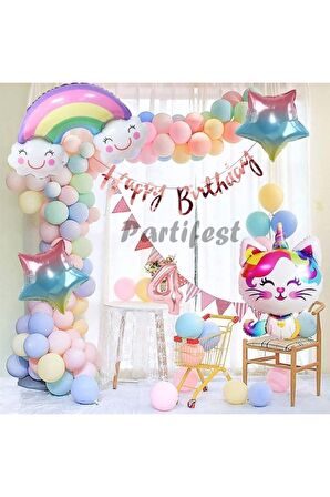 Unicorn Kedi Kitty Rakam Konsept 4 Yaş Balon Doğum Günü Set Yaş Balon Set