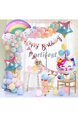 Unicorn Kedi Kitty Rakam Konsept 9 Yaş Balon Doğum Günü Set Yaş Balon Set