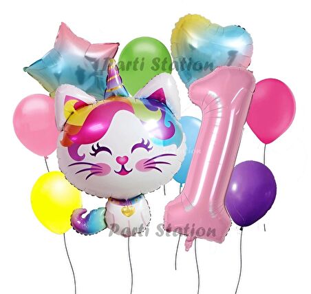 Unicorn Kedi Kitty Konsept 1 Yaş Doğum Günü Parti Balon Set Sevimli Unicorn Kedi Tema Parti Set