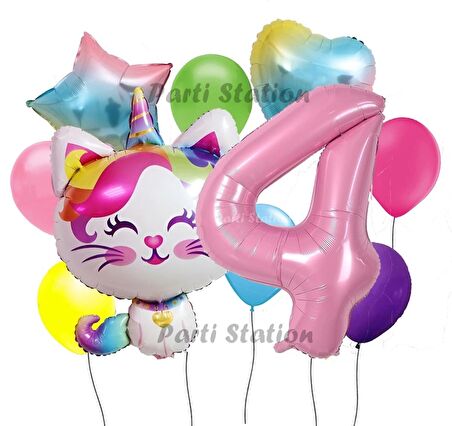 Unicorn Kedi Kitty Konsept 4 Yaş Doğum Günü Parti Balon Set Sevimli Unicorn Kedi Tema Parti Set