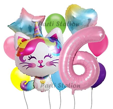 Unicorn Kedi Kitty Konsept 6 Yaş Doğum Günü Parti Balon Set Sevimli Unicorn Kedi Tema Parti Set