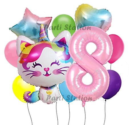 Unicorn Kedi Kitty Konsept 8 Yaş Doğum Günü Parti Balon Set Sevimli Unicorn Kedi Tema Parti Set