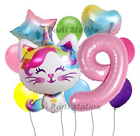 Unicorn Kedi Kitty Konsept 9 Yaş Doğum Günü Parti Balon Set Sevimli Unicorn Kedi Tema Parti Set
