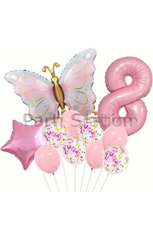 Macaron Kelebek 8 Yaş Balon Set Gökkuşağı Macaron Kelebek Konsept Doğum Günü Balon Set