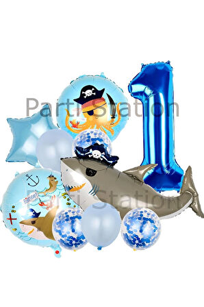 Korsan Köpek Balığı Konsept 4 Yaş Balon Set Korsan Shark Tema Doğum Günü Folyo Balon Set