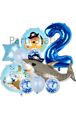 Korsan Köpek Balığı Konsept 4 Yaş Balon Set Korsan Shark Tema Doğum Günü Folyo Balon Set
