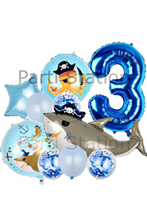 Korsan Köpek Balığı Konsept 4 Yaş Balon Set Korsan Shark Tema Doğum Günü Folyo Balon Set