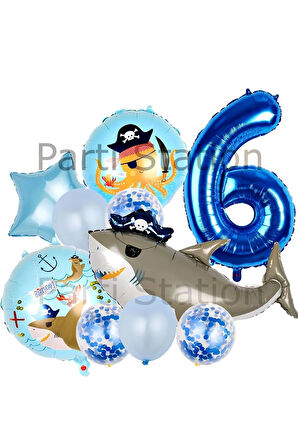 Korsan Köpek Balığı Konsept 4 Yaş Balon Set Korsan Shark Tema Doğum Günü Folyo Balon Set