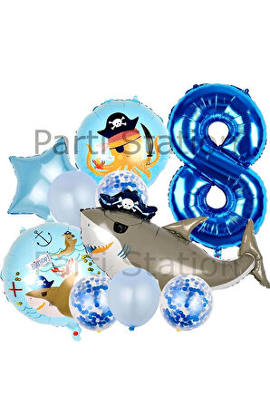 Korsan Köpek Balığı Konsept 4 Yaş Balon Set Korsan Shark Tema Doğum Günü Folyo Balon Set
